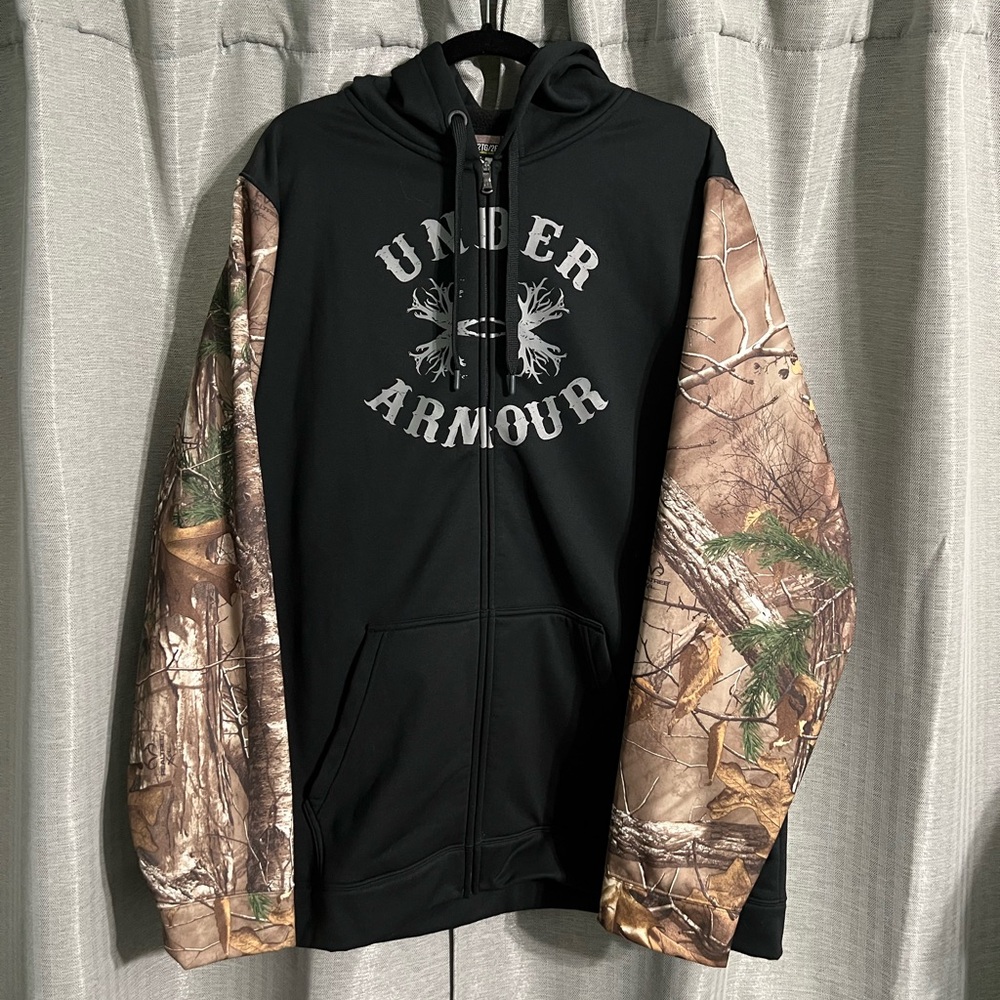 Under Armour Black Zip Up Hoodie with Camo Sleeves | Men’s 2XL